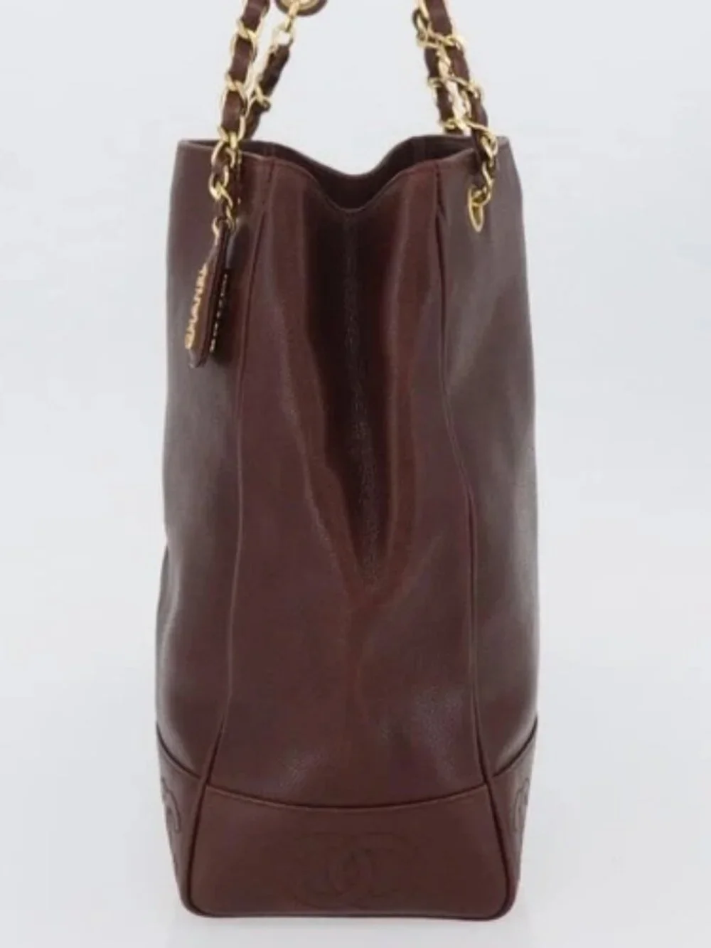 CHANEL Shoulder Bag Grained Calf Skin Brown Gold CC Auth bs33895